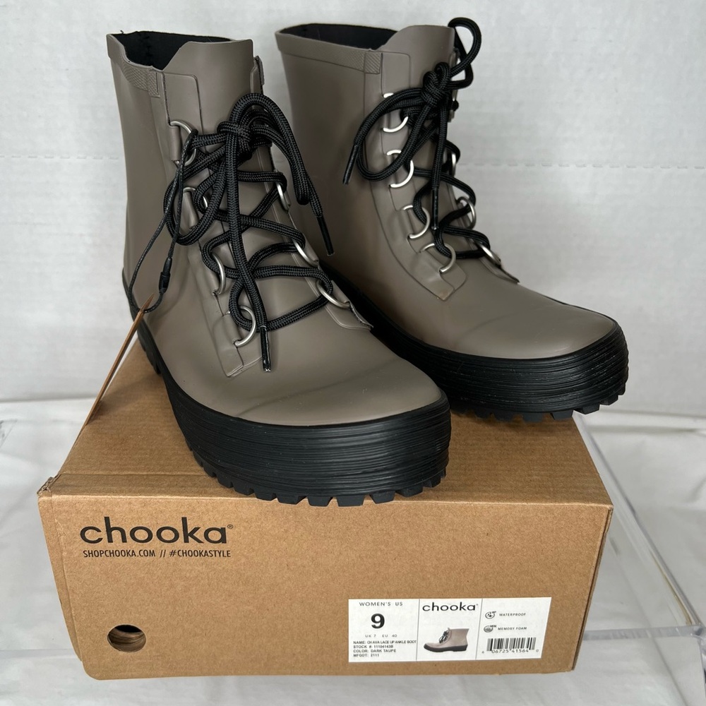 Chooka Ava Lace-up Waterproof Rain Boots, Dark Taupe, Sz 9, NWT